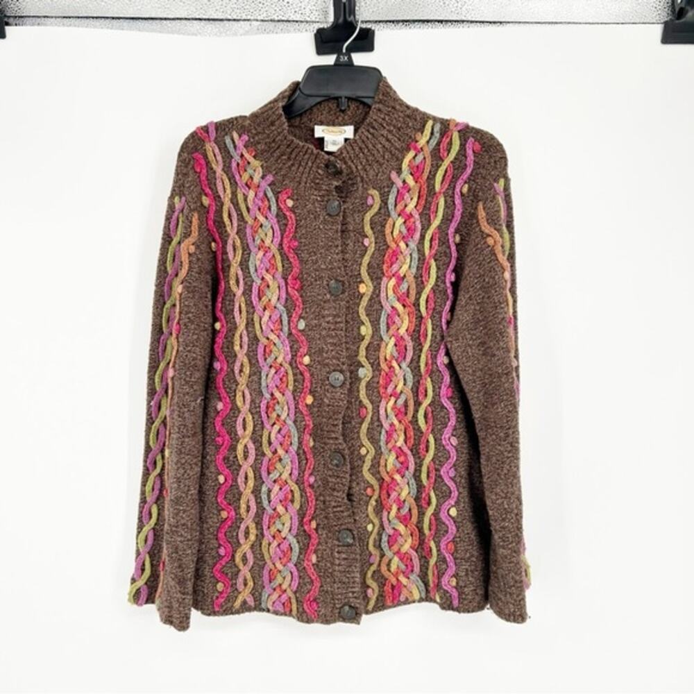 Vintage Talbots Brown Wool Blend Art to Wear Button Front Yarn Cardigan Size XL